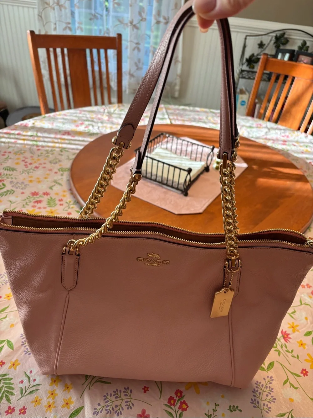 Coach Ava Chain Pebbled Leather Shoulder Tote in Pink with Gold Hardware